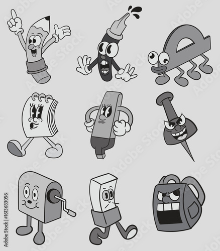Quirky Retro School Supplies Cartoon Characters in Monochrome Color