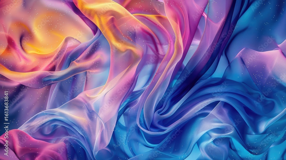 Fototapeta premium Swirling, translucent fabric in vibrant hues of pink, blue, and gold, with subtle sparkle