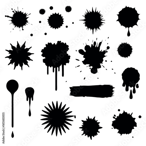 Collection of black ink splatter and drip brush strokes