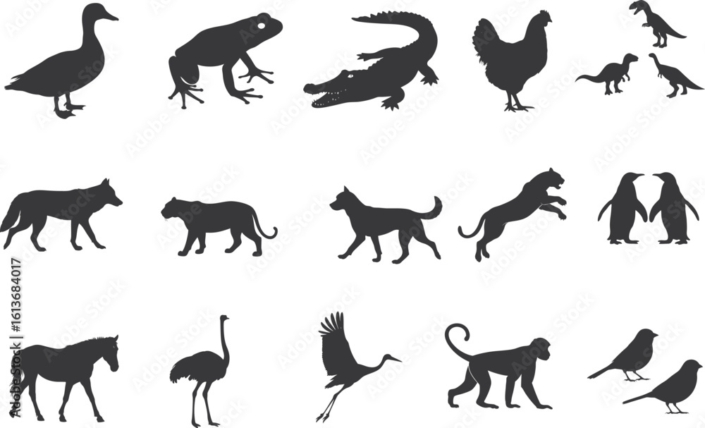 Obraz premium various animal silhouette set collection. Animal vector bundle illust black and white editable eps file. Alligator, Amphibian, Chicken, Dinosaur, Dog, graphic, Duck, Horse, Monkey,