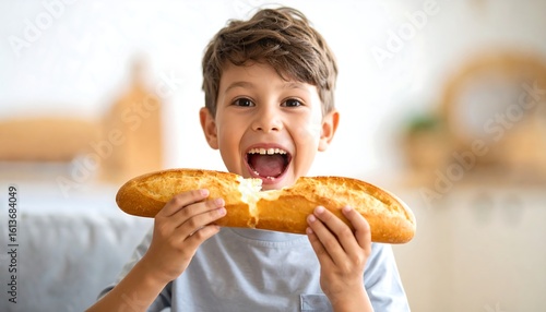 Boy eating a baguette, joyful expression