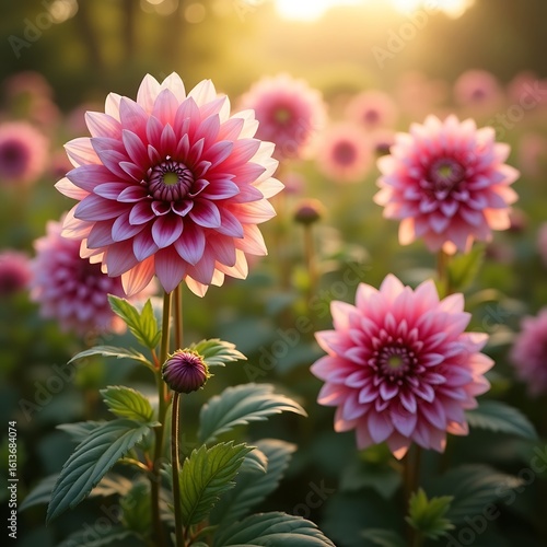 Beautiful Pink Dahlia Blooms in a Sunny Garden