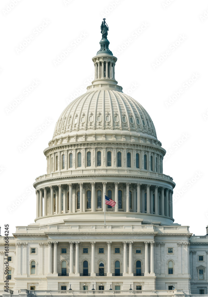 Obraz premium Iconic United States Capitol Building dome with Statue of Freedom and American flag, detailed neoclassical architecture against a clear blue sky with no shadows, ultra-realistic UHD architectural