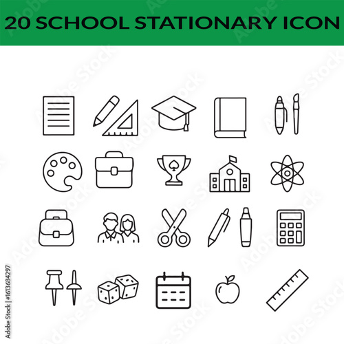 Black and white outline icons set representing school and education essentials for back to school projects and academic illustrations
