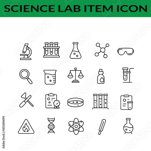 Science Lab Item Icons Collection Featuring Microscope Beakers Test Tubes and Other Scientific Equipment Outline Style Design for Creative Projects