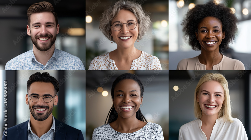 Fototapeta premium Grid layout of diverse professional employee headshots with space for text. Inclusive and corporate scene ideal for HR, team profiles, workplace diversity, and business communication content
