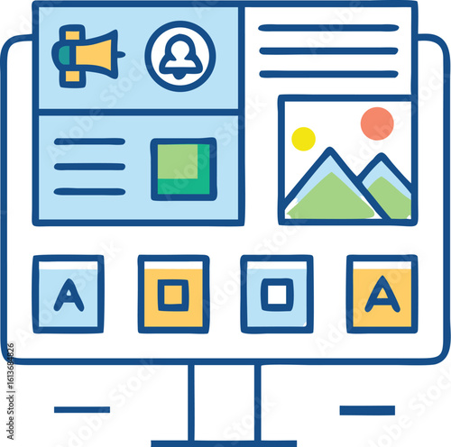 Modern digital display with marketing tools and content creation elements for business growth and successful promotion strategy