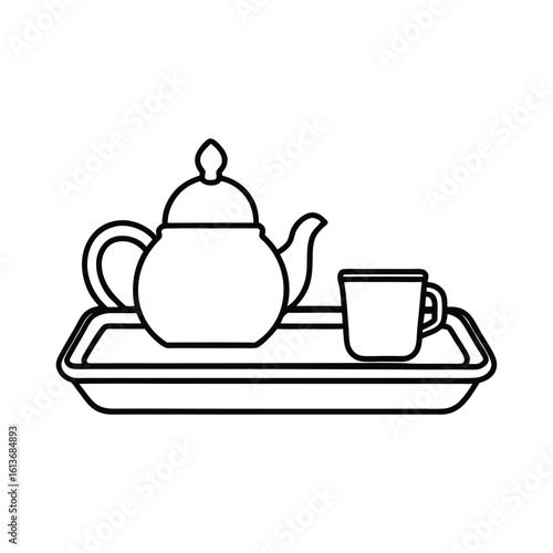 Outline illustration of a rectangular tray with a complete tea set