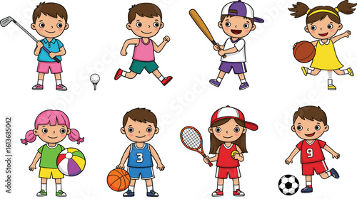 Cartoon kids playing sports, tennis, soccer, basketball, baseball, running, golf, beach ball, active children illustration, team game concept