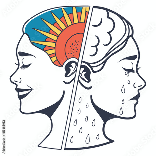 Duality of Emotion Mind and Body Conceptual Illustration of Happy and Sad Face Contrast Drawing in Modern Style Art Design for Mental Health Awareness