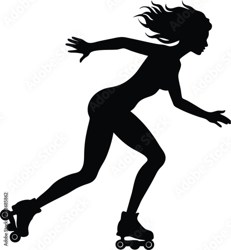 Dynamic silhouette of a woman roller skating with flowing hair and athletic stance