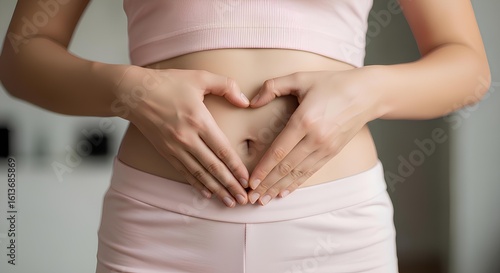 Wallpaper Mural Healthy woman with hands in a heart sign on her stomach. Symbol of gut health, digestion, diet, and body positivity. Torontodigital.ca