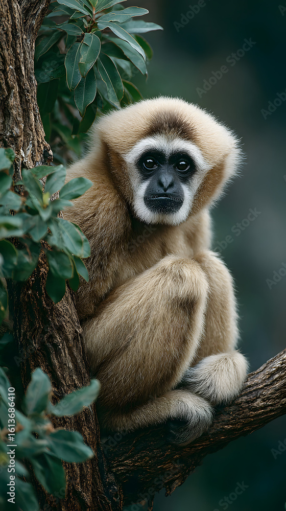 Naklejka premium gibbon, animal, mammal, wildlife, nature, zoo, wild, baby, white, tree, fur, animals, face, sitting, looking, forest, brown, asia, head, young, cute, thailand