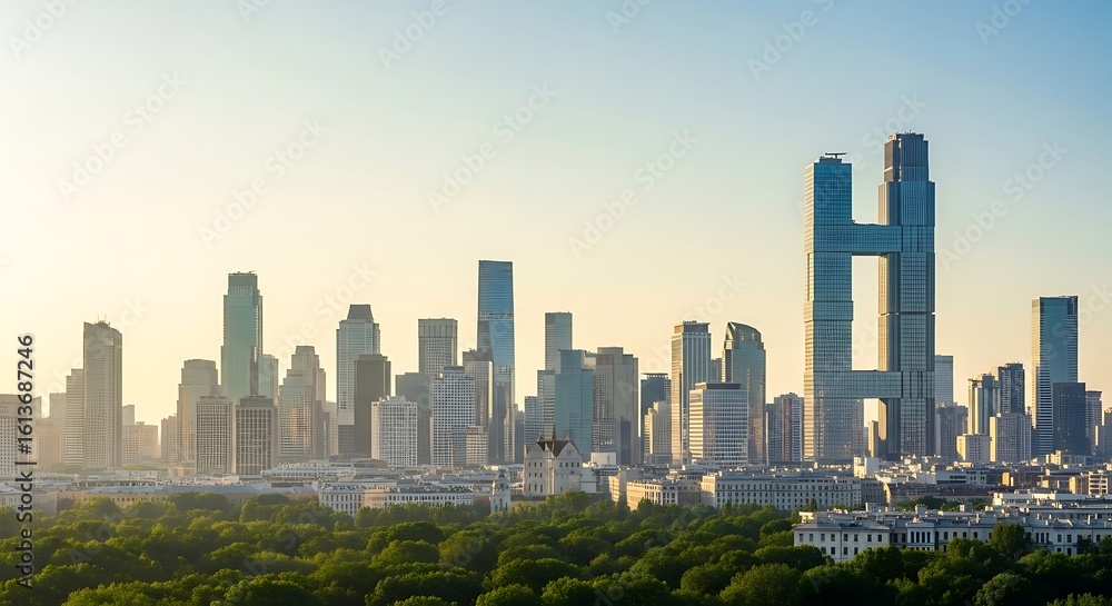 Fototapeta premium A cityscape view featuring numerous skyscrapers rising above a green urban park under a bright sky.