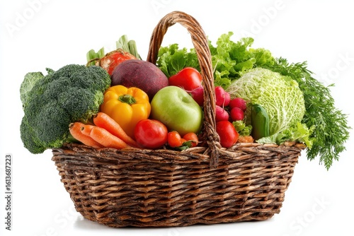 Rustic wicker basket overflowing with vibrant fresh vegetables and fruit; healthy, wholesome, farm-fresh produce.
