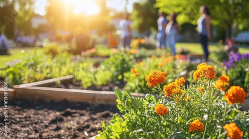 Photorealistic visualization of a small community garden in an urban neighborhood, featuring raised garden beds, diverse people tending to vegetables and flowers in the context of fresh produce