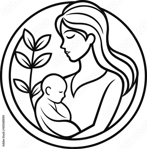 Breastfeeding vector sign. A mother holding a newborn baby in her arms, an abstract symbol of a woman breastfeeding her baby. 