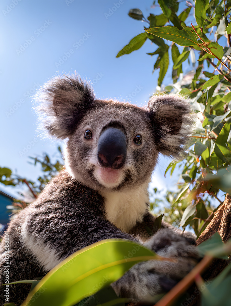 Fototapeta premium koala, australia, animal, bear, marsupial, wildlife, tree, nature, eucalyptus, mammal, australian, wild, fur, cute, zoo, baby, branch, native, isolated, furry, leaf, koala bear, grey, white background