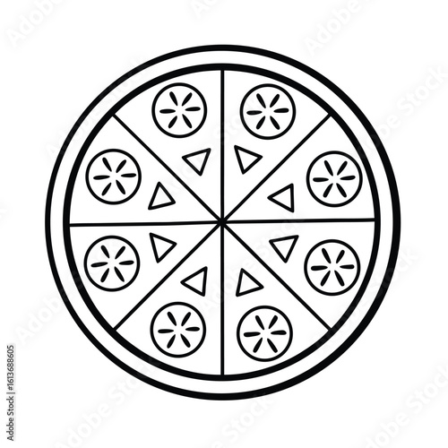 Simple line art illustration of a round pizza tray with slices