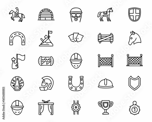 Equestrian Sport and Horse Racing Outline Icon Set Vector Illustration