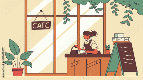Man looking out window standing on roof and walking on beach in cartoon scene