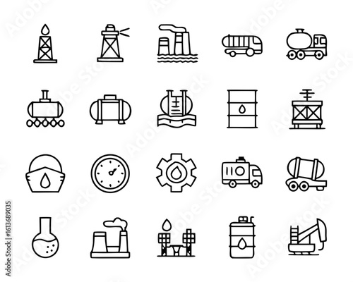 Oil and Gas Industry Outline Icons on Black Background