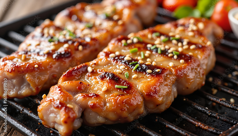 Grilled chicken thighs garnished with sesame seeds on grill Grilled chicken thighs garnished with sesame seeds on grill