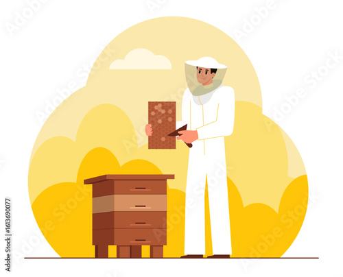 Beekeeper with beehive. Man in hat with protective mesh and in overalls holds a frame with honeycombs. Beekeeping and get honey. Flat vector illustration.