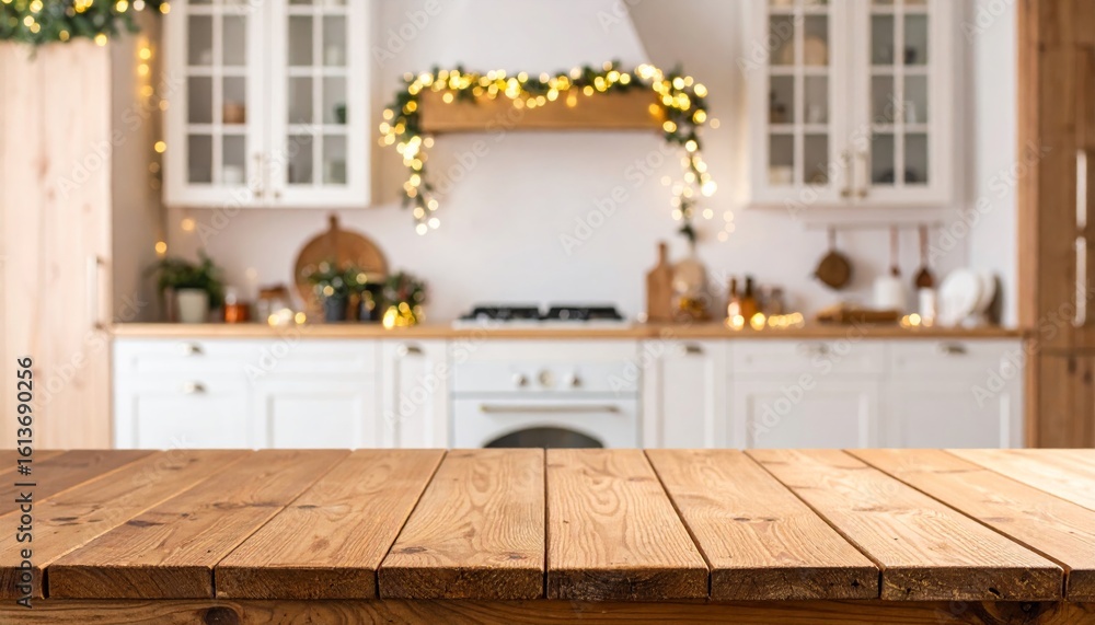 Fototapeta premium Cozy kitchen interior with wooden countertop, white cabinets, and festive string lights decorating the space.