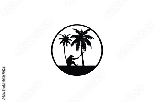 Sunset Silhouette with Palm Tree and Gibbon Swinging Freely Design