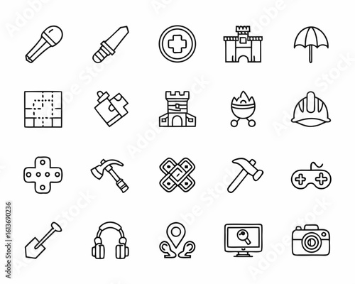 Collection of various thin line icons representing different objects and professions