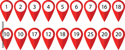 Numbered Location Pin Icons – Red Map Markers with Numeric Labels for Mapping Interfaces, Game UI, and Site Identification