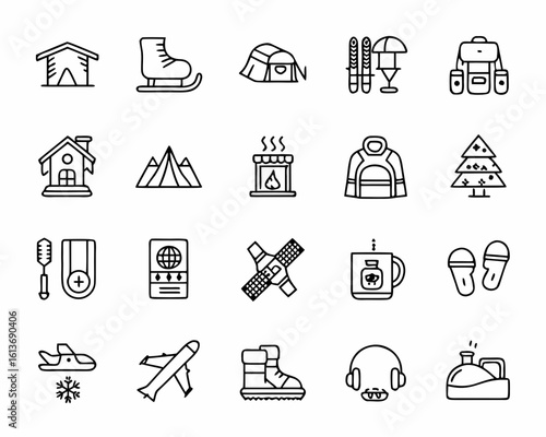 Set of Winter and Travel Icons in Outline Style on White