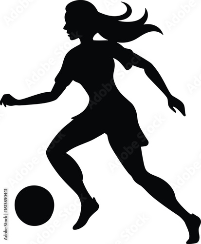 Dynamic silhouette of a female soccer player kicking a ball in action
