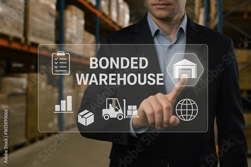 Man pointing to a bonded warehouse icon in a logistics setting 