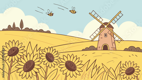 Windmill standing in a scenic countryside landscape with cloudy sky