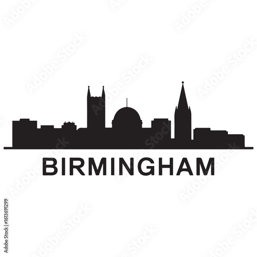 Birmingham skyline horizontal banner. Birmingham, United Kingdom. Vector template for your design. Vector black silhouette. with white background
