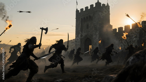 Barbarian warriors advancing to attack a castle in battle.