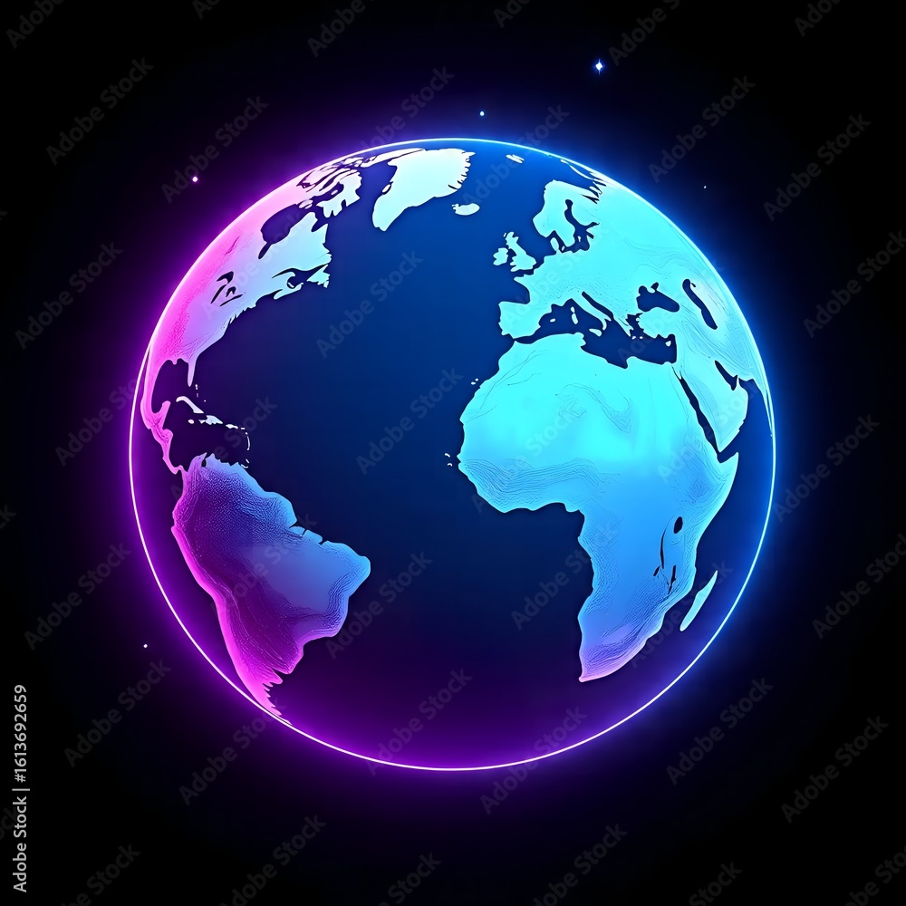 Fototapeta premium A bright image of Earth from space, glowing against a purple and blue background. Earth, space, and color create a stunning cosmic display. Earth and space in a harmonious backdrop.
