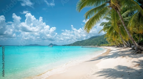 Wallpaper Mural Tropical beach scene with turquoise water, white sand, and palm trees swaying gently in the breeze, creating a serene and inviting atmosphere for relaxation and escape Torontodigital.ca