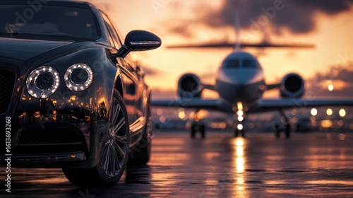 Luxury black car parked on tarmac at sunset, with a private jet in the background, showcasing elegance and sophistication in a high-end travel environment
