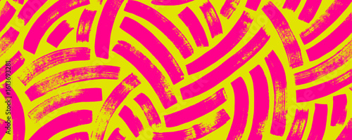 Bright colored weave seamless pattern with curved bold brush strokes. Neon yellow and pink abstract geometry.