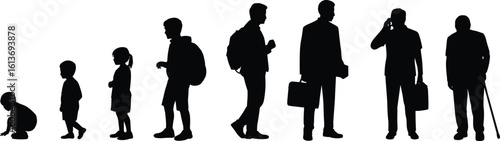 Human life stages silhouette, boy to old man, childhood to elderly, age evolution timeline, people growth concept, aging process vector illustration