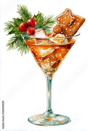 Gingerbread martini cocktail with ice and Christmas decorations - a branch of pine tree, a cookie and a few holy berries