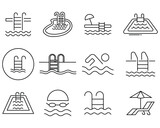 Swimming pool icon vector set. Contains such icons as swimming pool, swimmer, dive, shower, diving, lifestyle and more. Dive icon collection. Simple vector illustration.