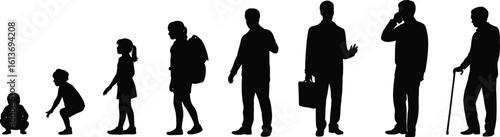 Human growth stages silhouette, life evolution from child to elder, age timeline concept, people development vector, generational journey art illustration