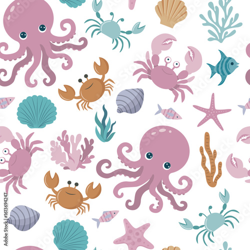Funny cartoon seamless background with marine theme. Design with octopus, crabs, corals and shells. Vector wallpaper with underwater life theme.