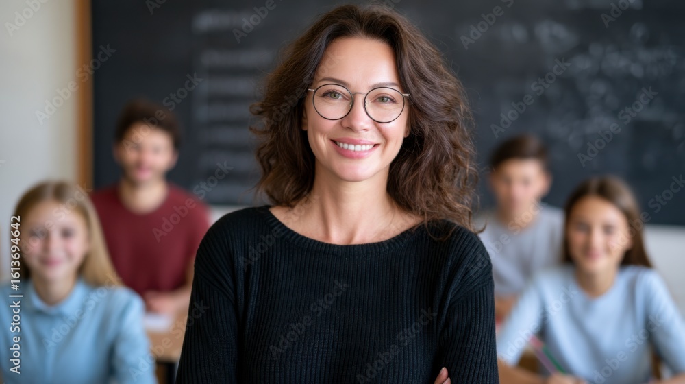 Obraz premium A confident female teacher stands smiling in front of her students in a classroom with a chalkboard background.