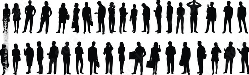 Business people silhouette set, office team vector, corporate professionals standing, group workers black illustration, business attire pose, modern workplace clipart, diversity concept