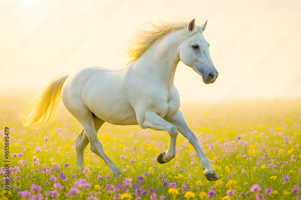 Obraz premium Graceful White Horse Galloping Freely Through a Lush Wildflower Meadow at Sunrise – High-Resolution Photo Capturing Motion, Serenity, and Natural Beauty in a Golden Misty Field with Blooming Flowers